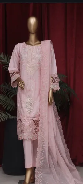 Pakistani Original Bin Saeed luxury Stitched Cotton Embroidered 3 Pcs _ Pink 